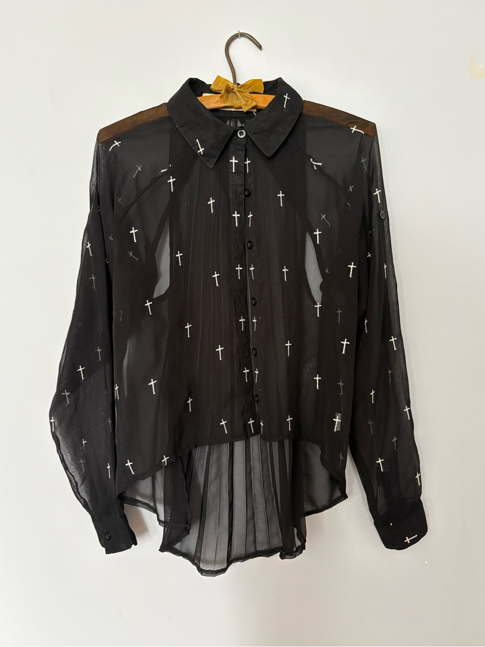 Black Sheer Button-Up Shirt with Cross Print